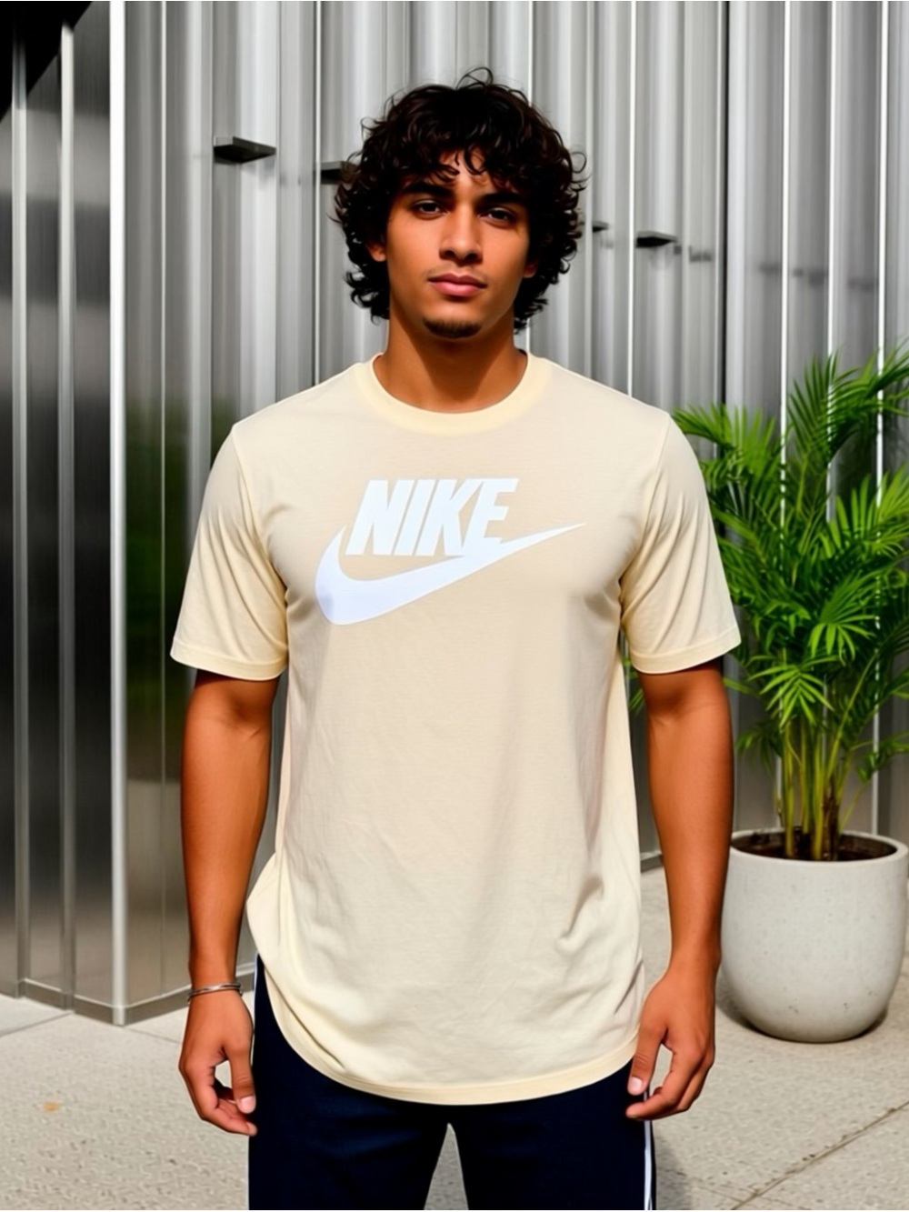 Nike Men's Cream Short Sleeve T-Shirt with White Logo